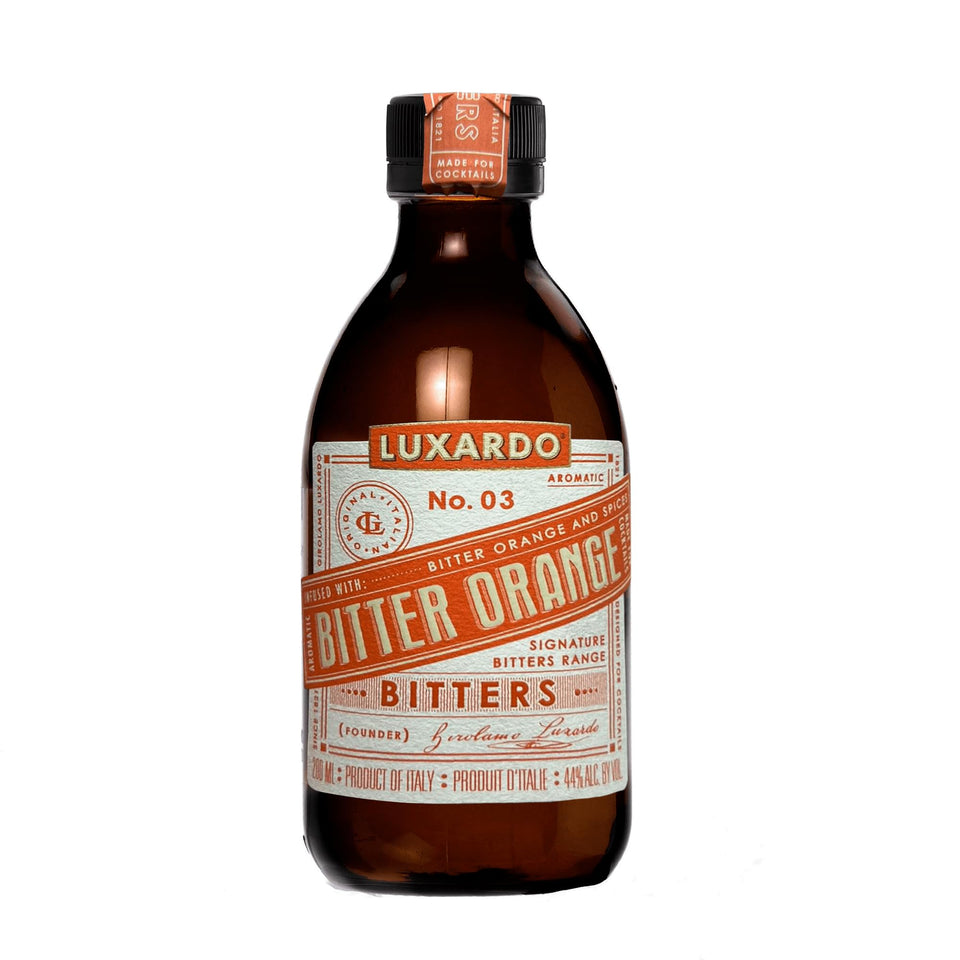 Luxardo Aromatic Infused Bitter Orange bitters bottle highlighting authentic citrus flavor