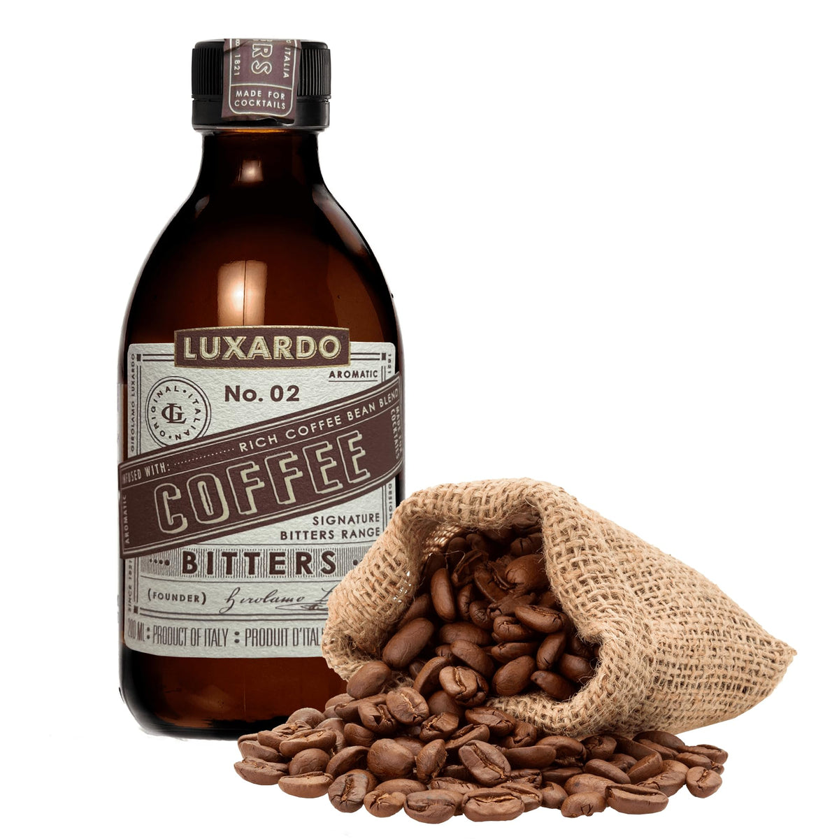 Luxardo Aromatic Infused Coffee Bitters bottle pour adding depth to cocktails.