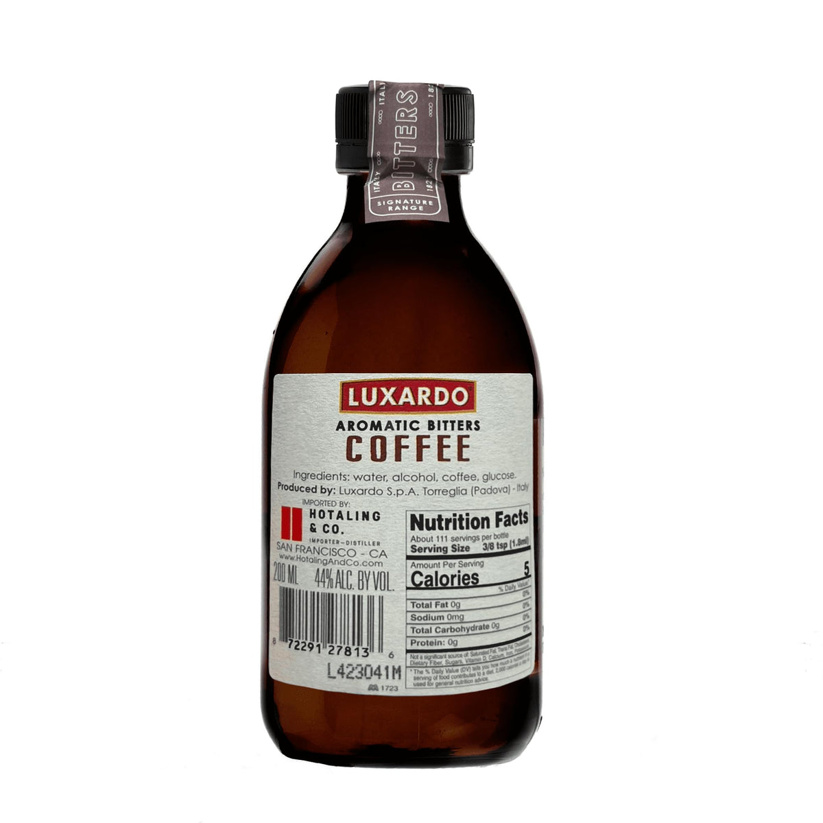 Close-up of coffee infusion notes in Luxardo bitters for rich flavor.