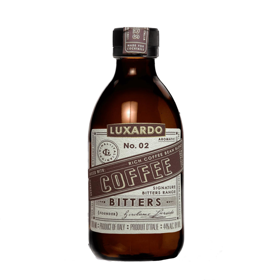 Luxardo Aromatic Infused Coffee Bitters front label highlighting Italian craftsmanship for cocktail excellence.