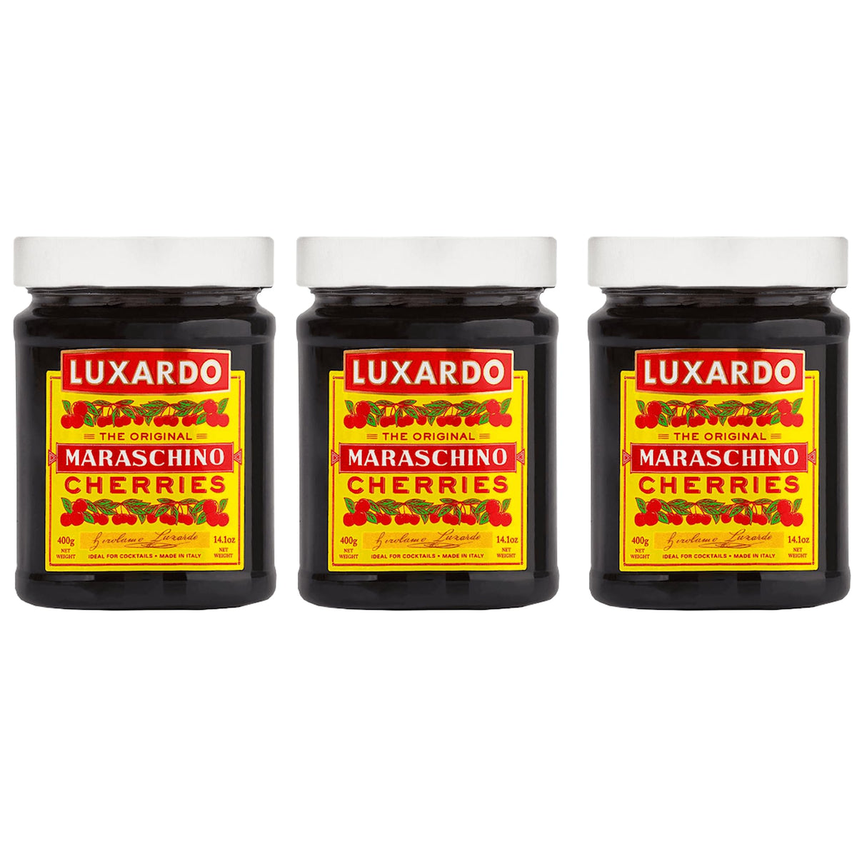 Luxardo Gourmet Cherries three-pack 400g jars, a convenient setup for home bar enthusiasts.