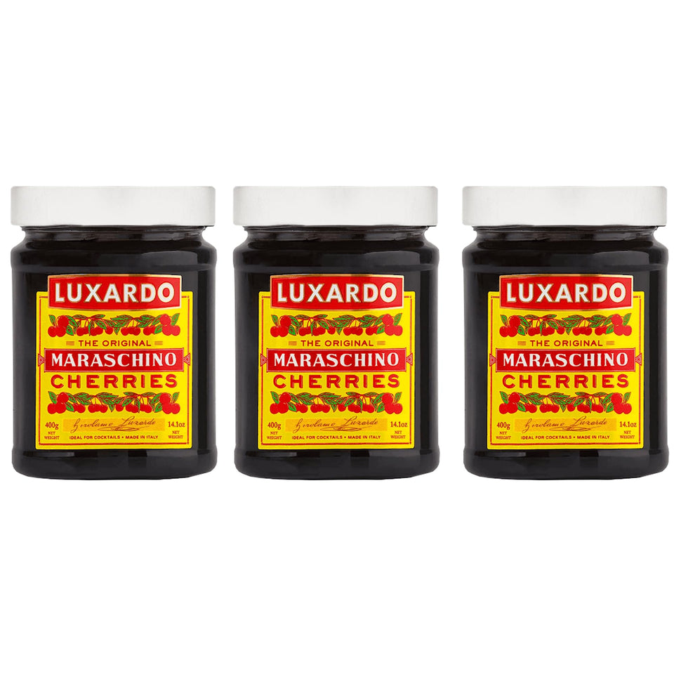 Luxardo Gourmet Cherries three-pack 400g jars, a convenient setup for home bar enthusiasts.