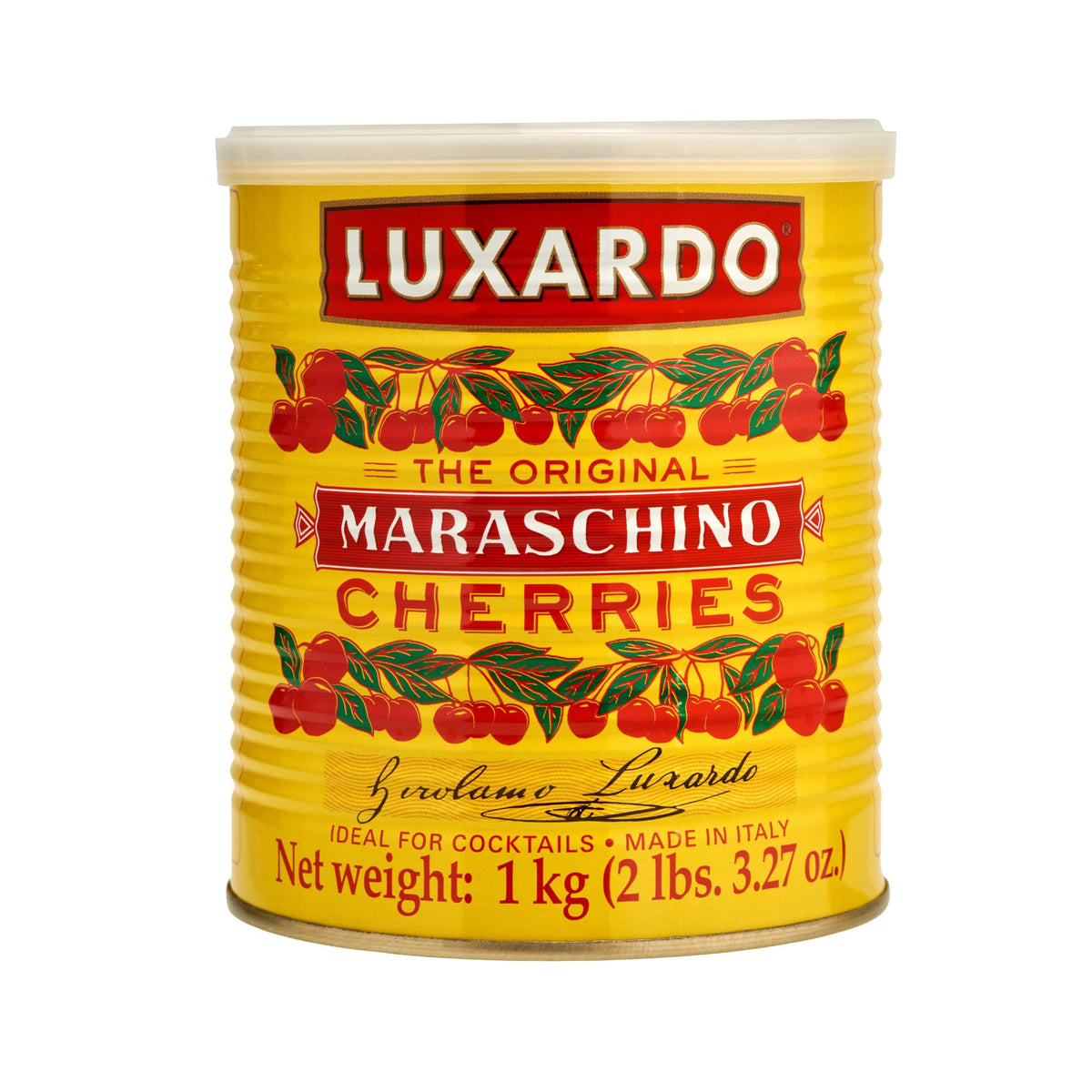 Luxardo Gourmet Maraschino Cherries can front, premium garnish ready for cocktails.