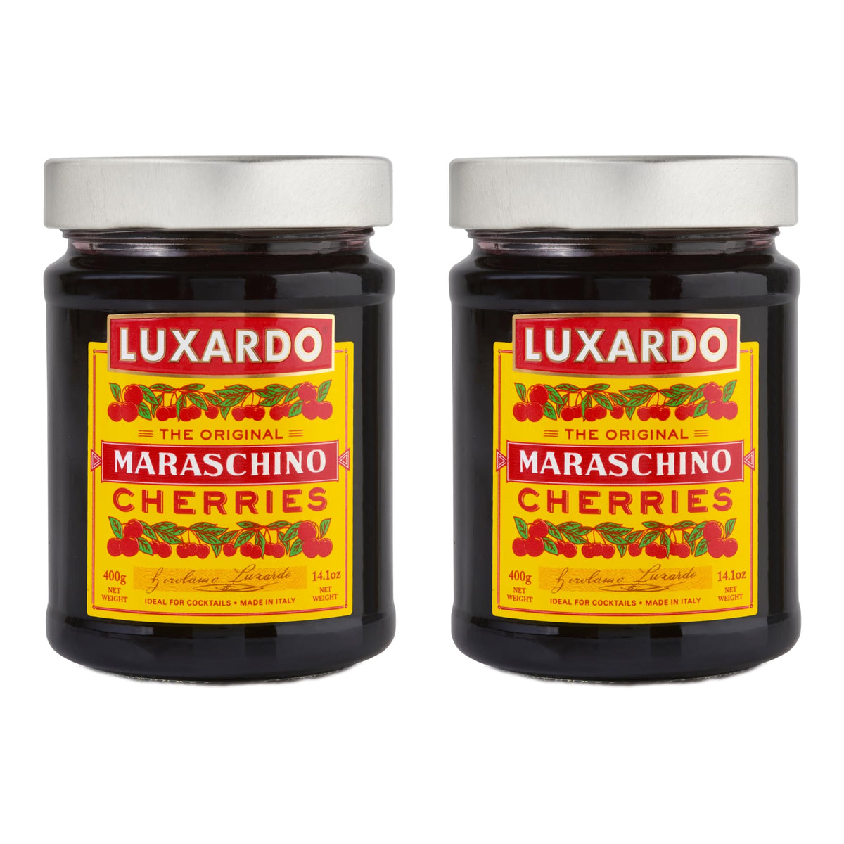 Luxardo Gourmet Maraschino cherries close-up reveals rich flavor for cocktails.