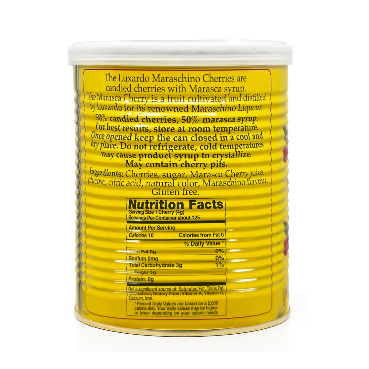 Luxardo Gourmet Maraschino Cherries tin open, glossy cherries soaked in syrup for bartenders.
