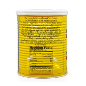 Luxardo Gourmet Maraschino Cherries tin open, glossy cherries soaked in syrup for bartenders.