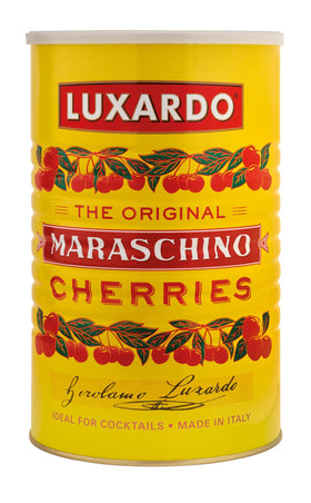 Luxardo maraschino cherries can close-up, bulk supply ideal for bar service.