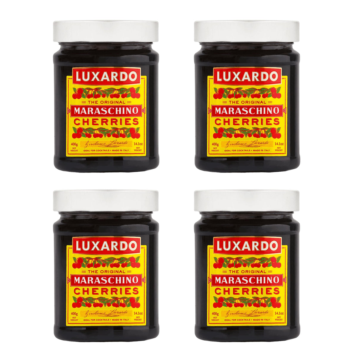 Luxardo Maraschino Cherries jar closeup for cocktails and desserts.
