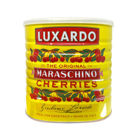 Luxardo original maraschino cherries in can highlight premium quality for cocktails and desserts.