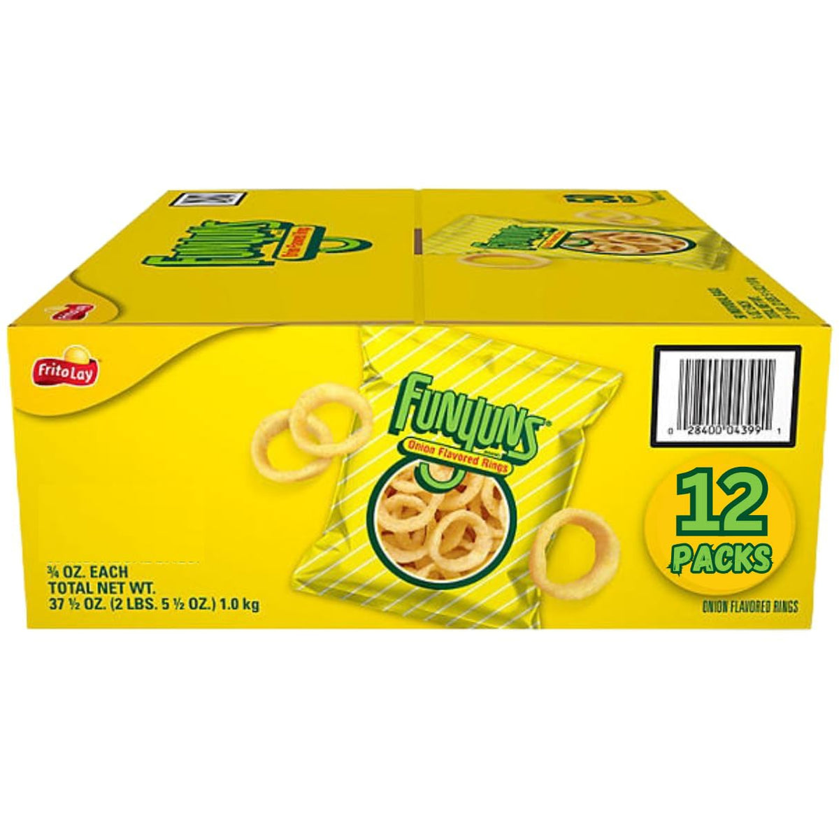 Luxenton Funyons onion rings pack shot, 12-pack snack for on-the-go.