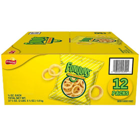 Luxenton Funyons onion rings pack shot, 12-pack snack for on-the-go.