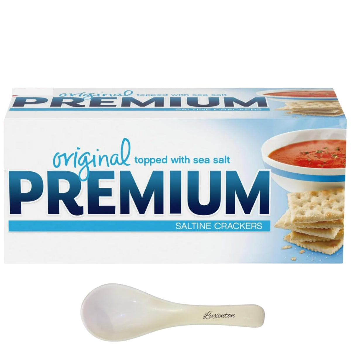 Luxenton Premium Original Saltine Crackers with crisp close-up texture, ideal for soup dipping