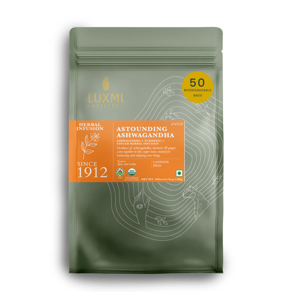 Luxmi Estates Ashwagandha Turmeric tea bag close-up, offering gentle daily calm.
