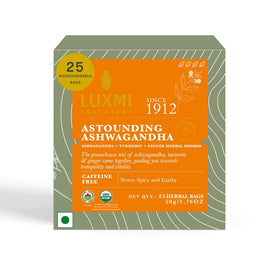 Luxmi Estates Ashwagandha Turmeric Tea – Organic Adaptogen, 25 Biodegradable Bags (50g)