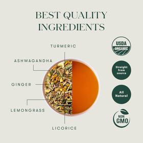 Luxmi Estates Ashwagandha Turmeric tea cup brew with warm aroma and balanced flavor