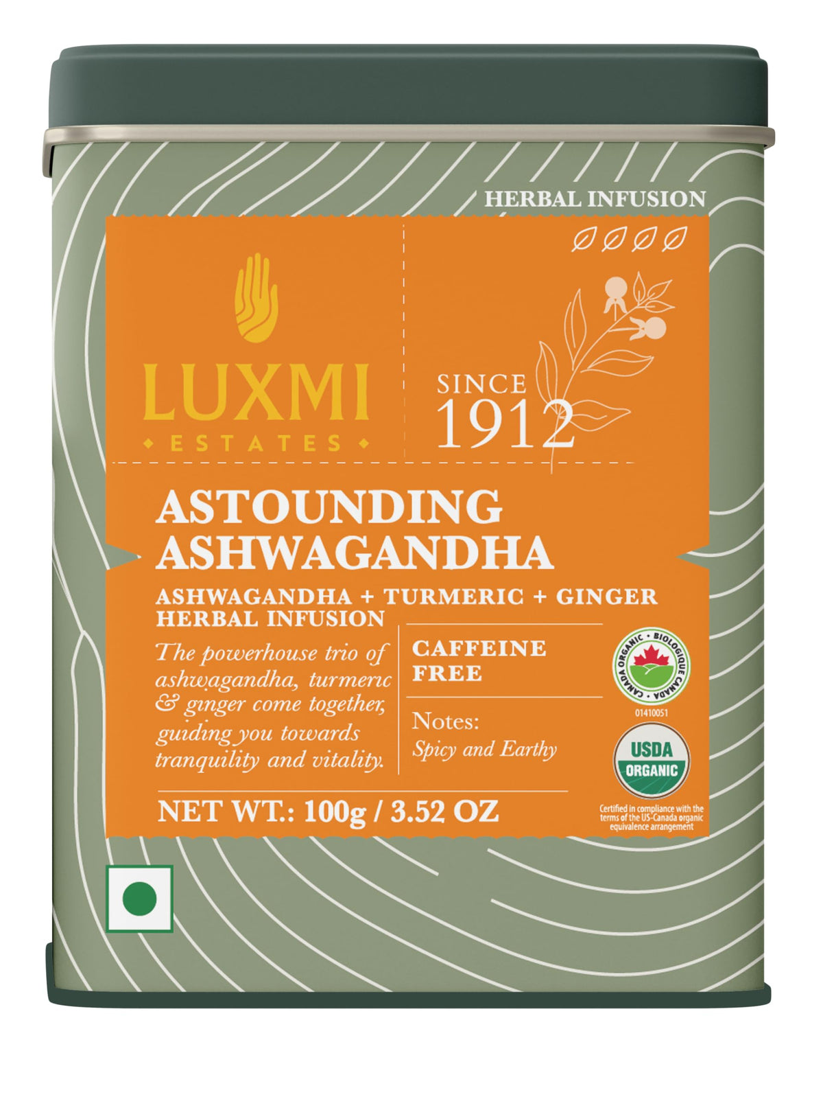 Luxmi Estates Ashwagandha Turmeric tea loose leaf with single-origin herbs for a comforting ritual