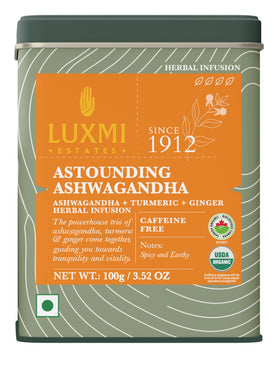 Luxmi Estates Ashwagandha Turmeric tea loose leaf with single-origin herbs for a comforting ritual
