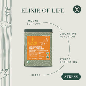 Luxmi Estates Ashwagandha Turmeric tea packaging highlighting USDA-certified ingredients