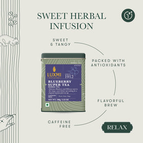 Luxmi Estates Blueberry Hibiscus Tea loose-leaf close-up reveals vibrant ingredients for a bright infusion.