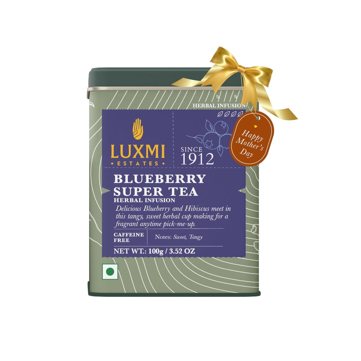 Luxmi Estates Blueberry Hibiscus Tea packaging shows eco-conscious design and farm-direct sourcing.