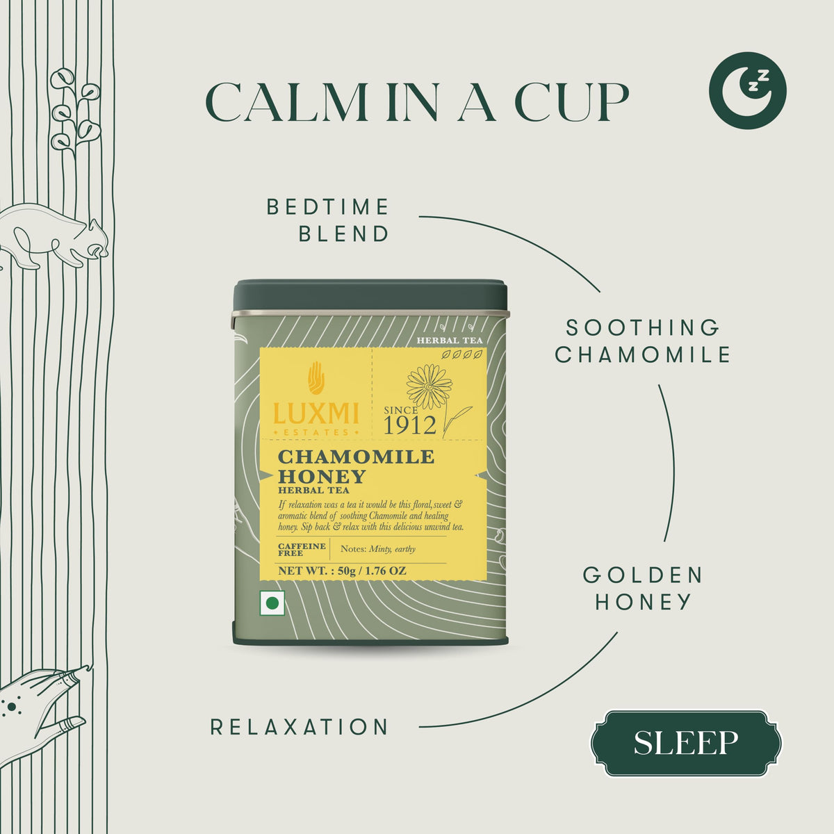 Luxmi Estates Chamomile Honey Tea cup steaming conveys soothing, caffeine-free relaxation.