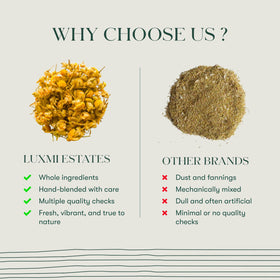 Luxmi Estates Chamomile Honey Tea dry blend bowl highlights natural ingredients.