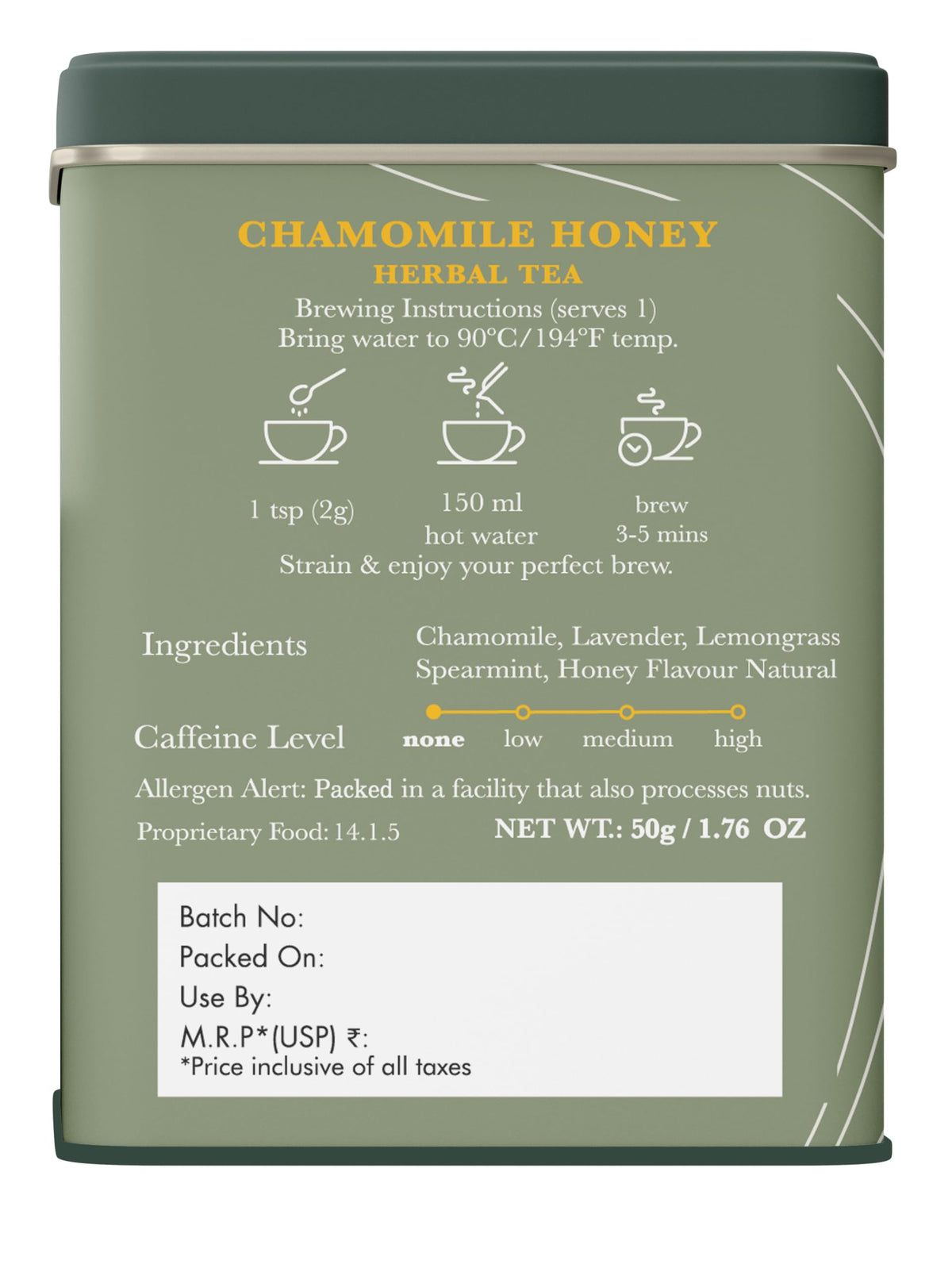 Luxmi Estates Chamomile Honey Tea lavender ingredient suggests calming floral aroma.