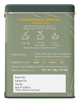 Luxmi Estates Chamomile Honey Tea lavender ingredient suggests calming floral aroma.