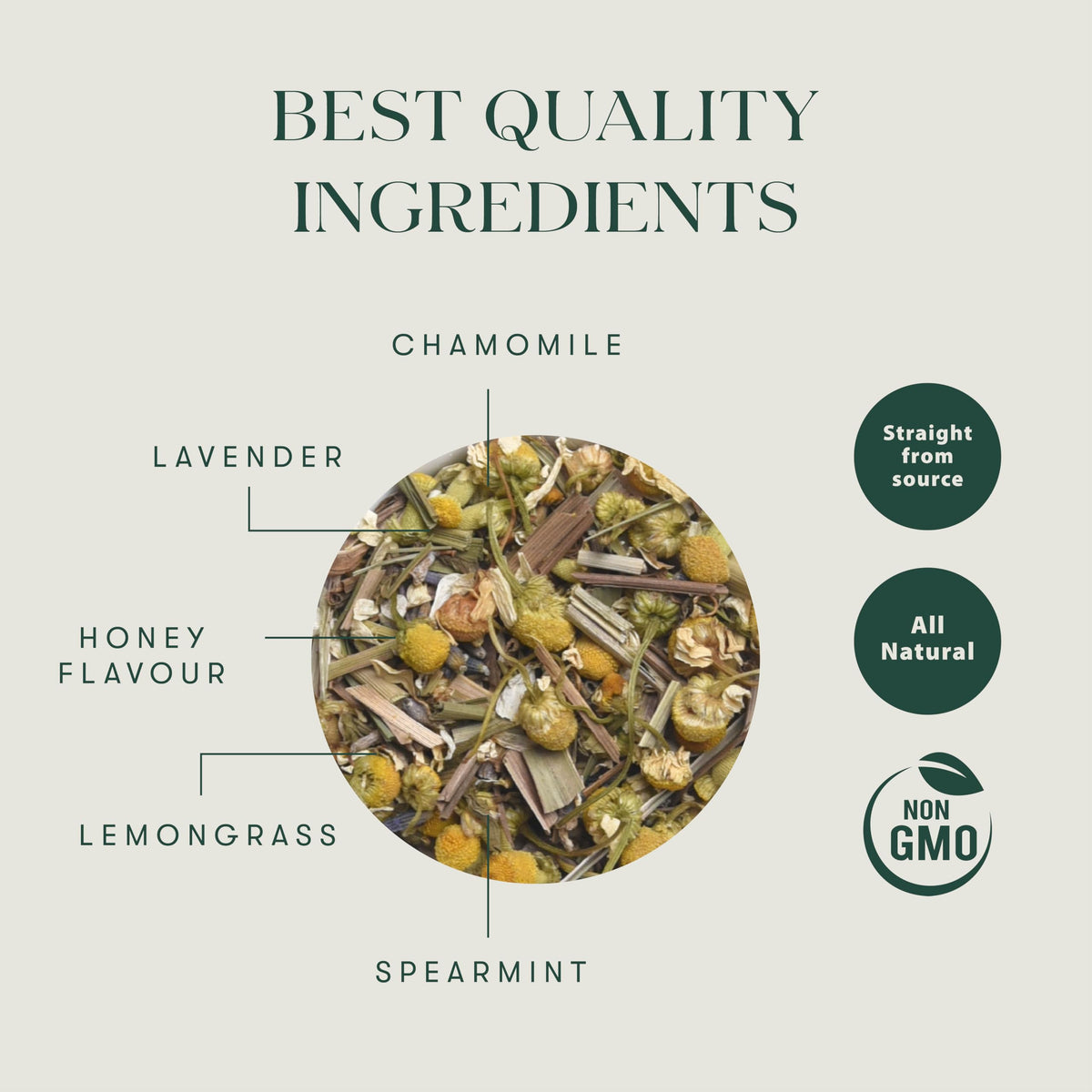 Luxmi Estates Chamomile Honey Tea loose-leaf closeup reveals aromatic floral notes.