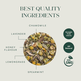 Luxmi Estates Chamomile Honey Tea loose-leaf closeup reveals aromatic floral notes.