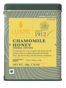 Luxmi Estates Chamomile Honey Tea packaging highlights premium blend for calm evenings.