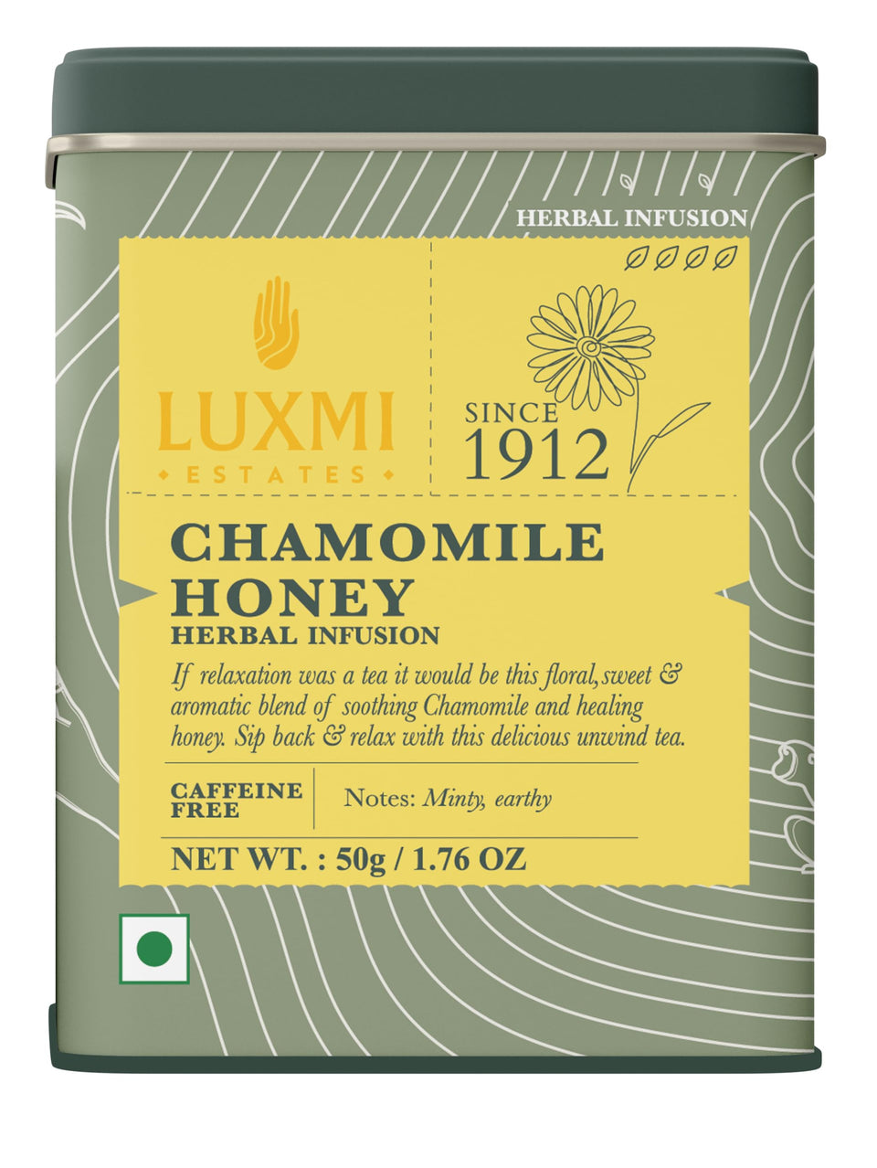 Luxmi Estates Chamomile Honey Tea packaging highlights premium blend for calm evenings.