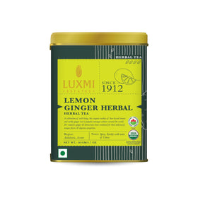 Luxmi Estates Lemon Ginger Tea tin close-up showing premium packaging for gifting