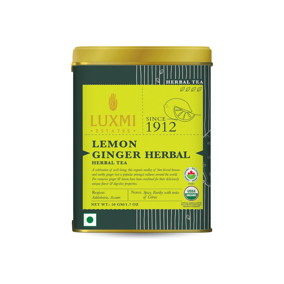 Luxmi Estates Lemon Ginger Tea tin close-up showing premium packaging for gifting