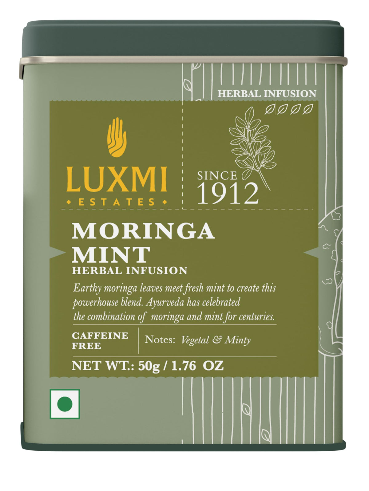 Luxmi Estates Moringa Mint Tea loose leaf close-up; earthy aroma supports digestion.