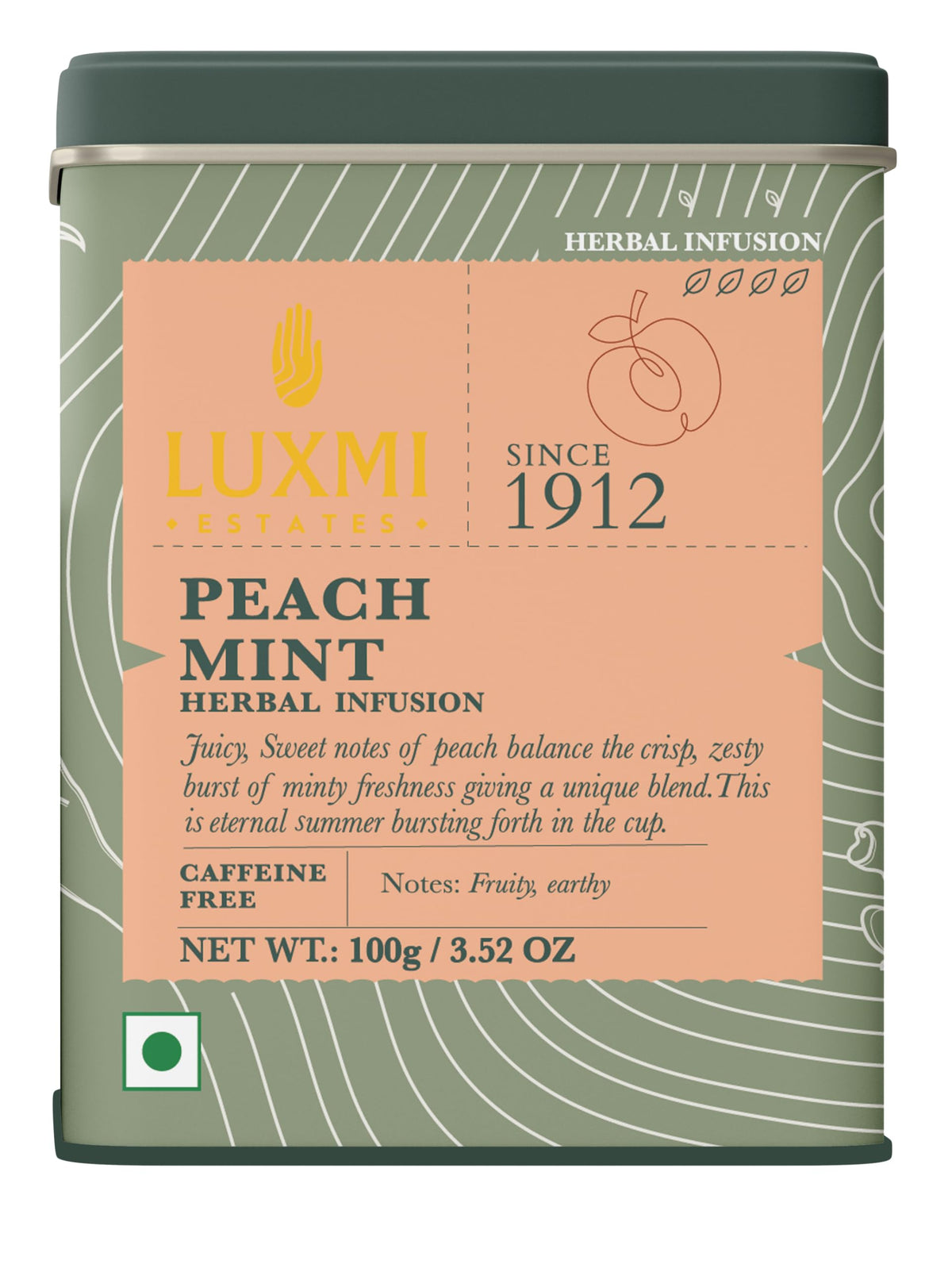 Luxmi Estates Peach Mint Tea packaging highlights premium caffeine-free blend