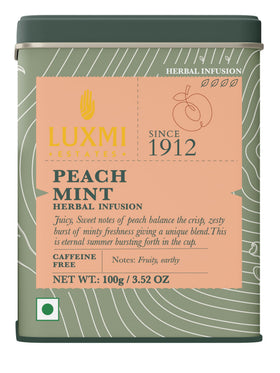 Luxmi Estates Peach Mint Tea packaging highlights premium caffeine-free blend