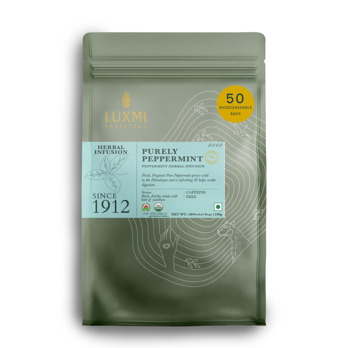 Luxmi Estates Purely Peppermint Tea tin front view with inviting aroma for nightly relaxation