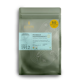 Luxmi Estates Purely Peppermint Tea tin front view with inviting aroma for nightly relaxation