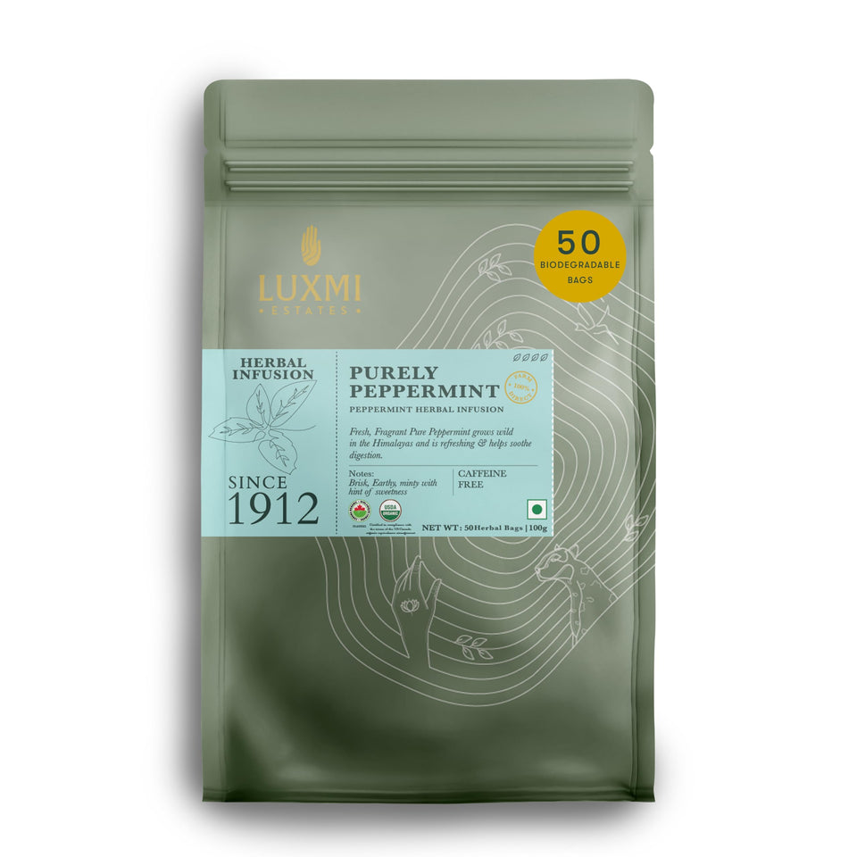 Luxmi Estates Purely Peppermint Tea tin front view with inviting aroma for nightly relaxation