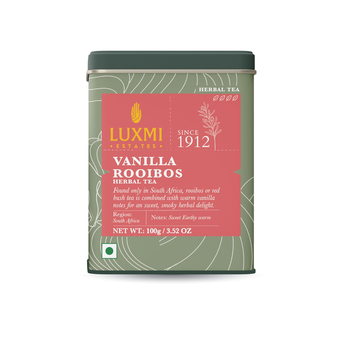 Luxmi Estates Rooibos Vanilla tea leaves with warm vanilla aroma for relaxation.