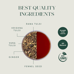Luxmi Estates Tulsi Ginger Tea brew in cup highlighting herbal warmth