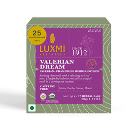 Luxmi Estates Valerian Dream tea bags ready for a calming evening ritual