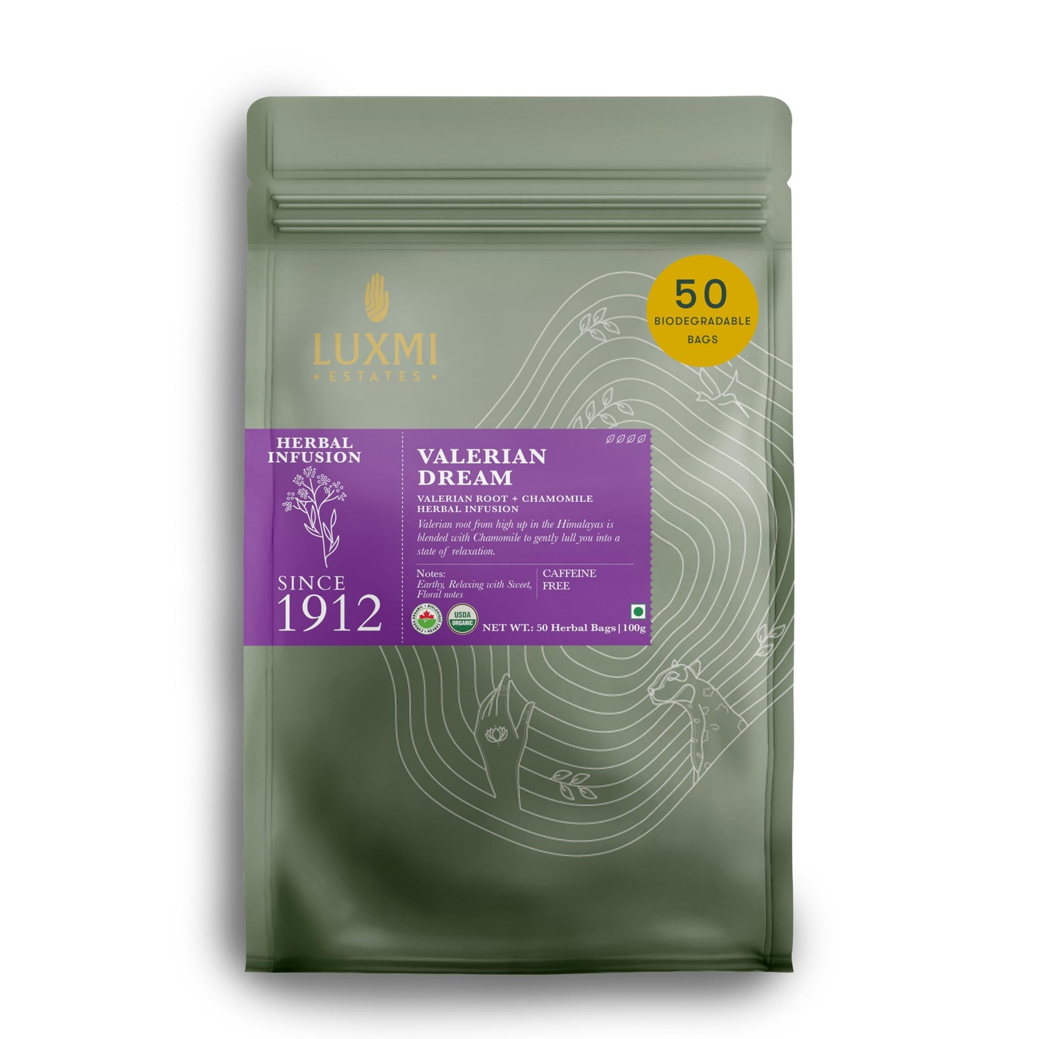 Luxmi Estates Valerian Dream tea bags invite a gentle, calming ritual before bedtime.