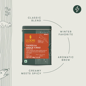 Luxmi Estates Vanilla Spice Chai spice blend delivers fragrant cinnamon and vanilla notes.