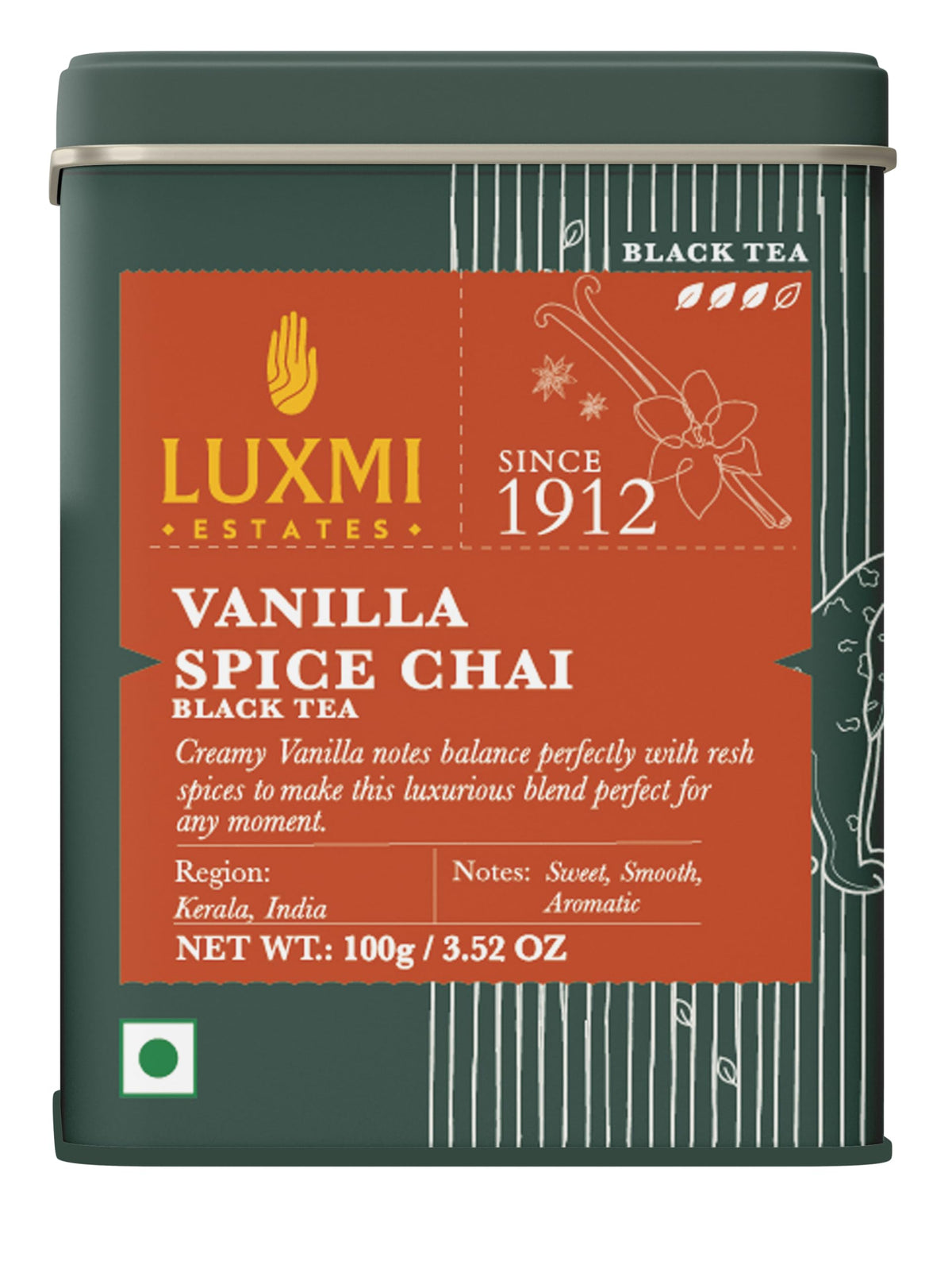 Luxmi Estates Vanilla Spice Chai tea leaves release rich aroma for cozy mornings.