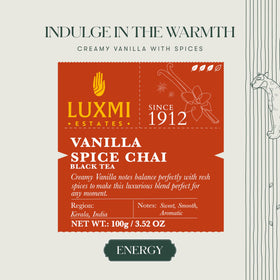 Luxmi Estates Vanilla Spice Chai tea tin highlights premium packaging for gifting or storage.