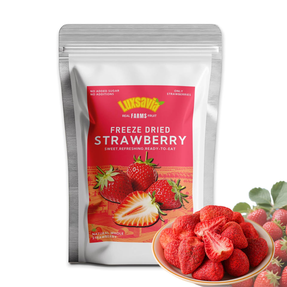 Luxsavia freeze-dried strawberries bag closeup showing crisp texture for on-the-go snacking.