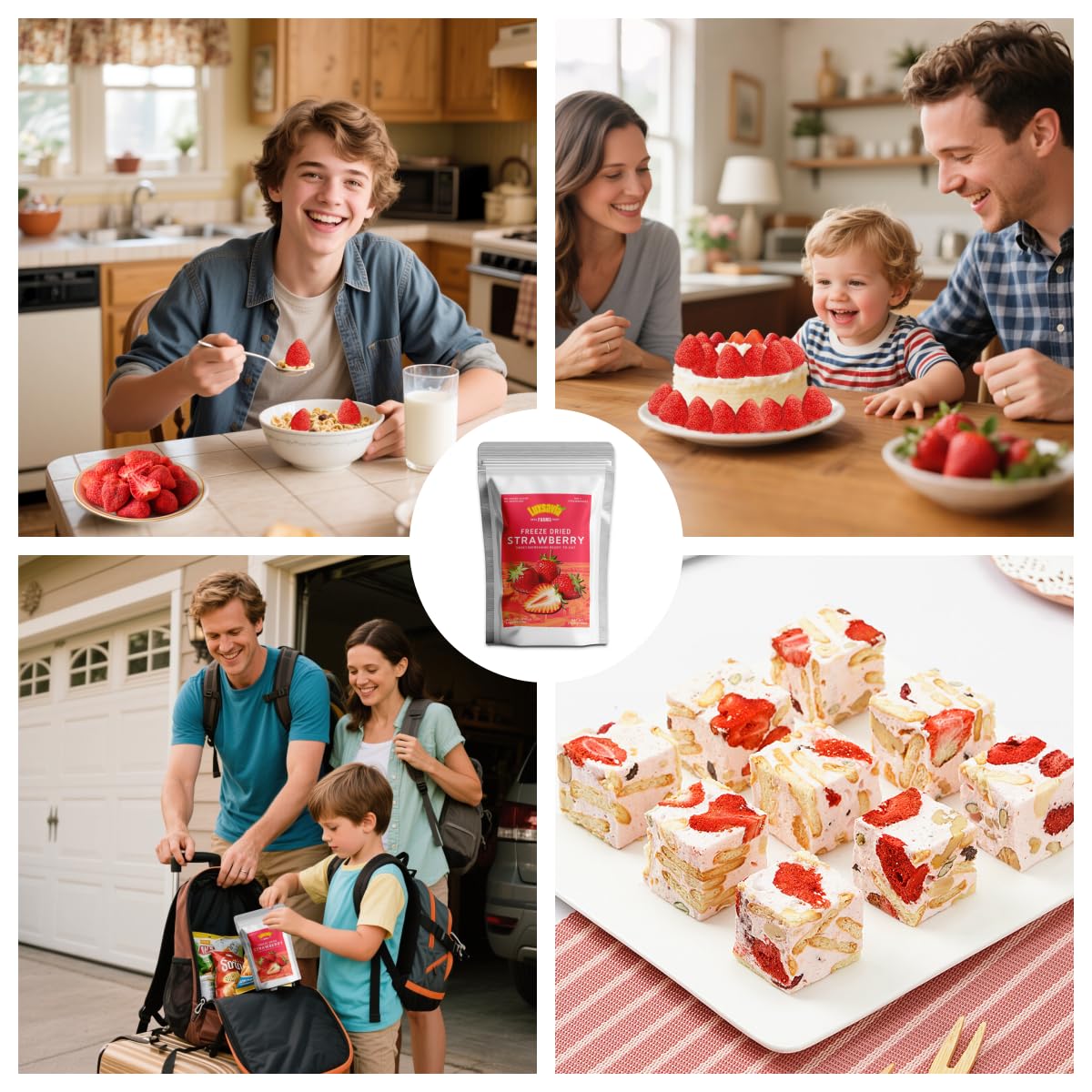 Luxsavia freeze-dried strawberries used in baking for fruity accents.