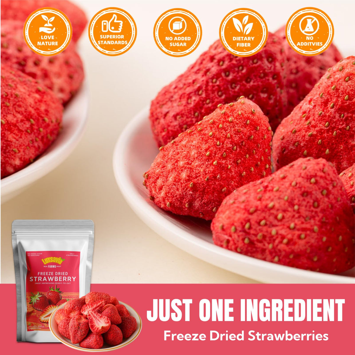 Luxsavia freeze-dried strawberries color-rich red, ideal for topping yogurt.